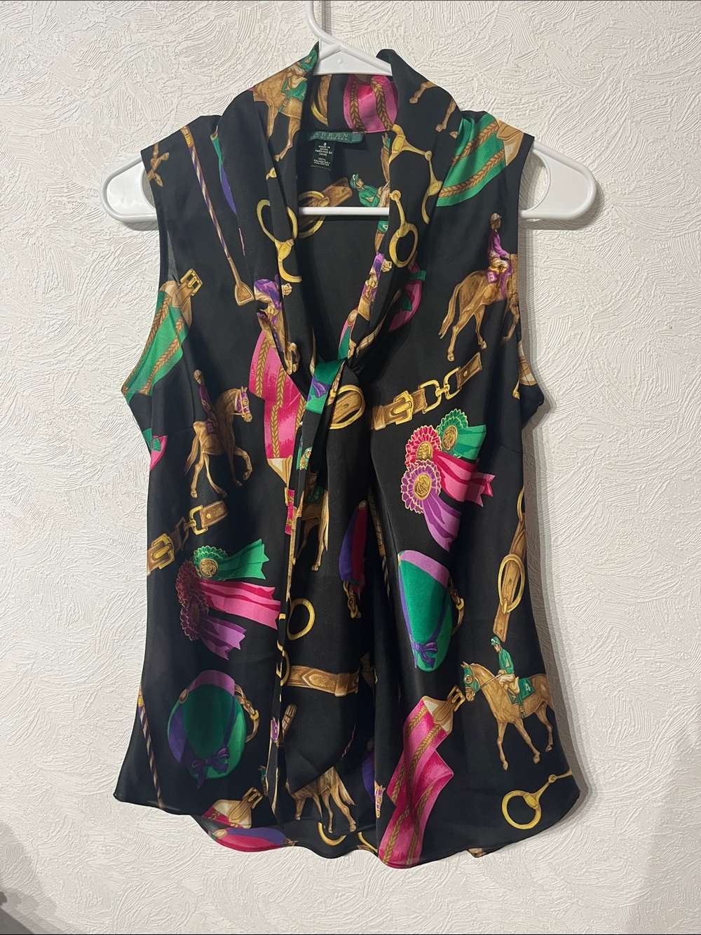 Ralph Lauren Black Sleeveless Equestrian Print Tie-Neck Camisole